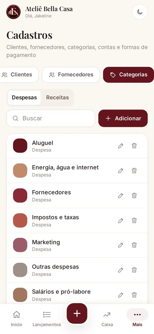 Categorias, contas e fixos